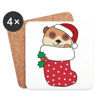  Süße Erdmännchen in Weihnachtssocke zu - Untersetzer (4er-Set) - Weiß - Vorne