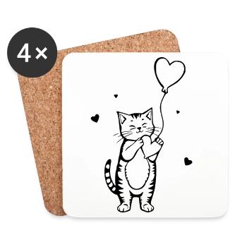 schwarze Katze mit Herz - Untersetzer (4er-Set) - Weiß - Vorne