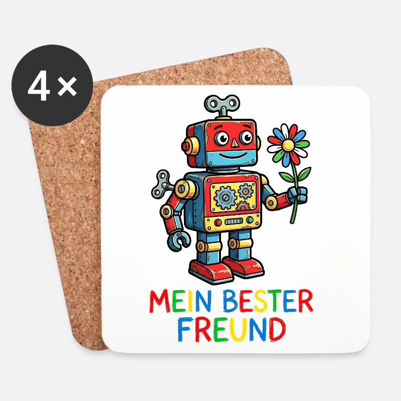 Farbenfroher Roboterfreund mit Blume - Untersetzer (4er-Set) - Weiß