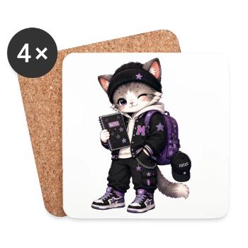 Lila Schülerkatze und Sterne - Untersetzer (4er-Set) - Weiß - Vorne