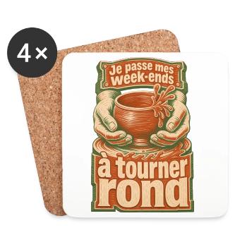 Poterie : Je passe mes week-ends à tourner rond - Dessous de verre (lot de 4) - blanc - Devant