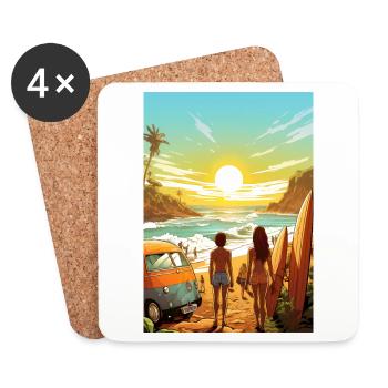 Scène de plage avec planche de surf - Dessous de verre (lot de 4) - blanc - Devant