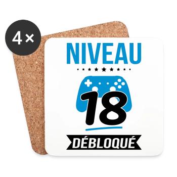 Anniversaire 18 ans - Niveau 18 débloqué - Gamer - Dessous de verre (lot de 4) - blanc - Devant