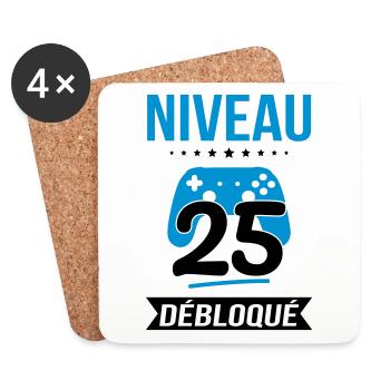 Anniversaire 25 ans - Niveau 25 débloqué - Gamer - Dessous de verre (lot de 4) - blanc - Devant