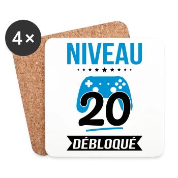 Anniversaire 20 ans - Niveau 20 débloqué - Gamer - Dessous de verre (lot de 4) - blanc - Devant