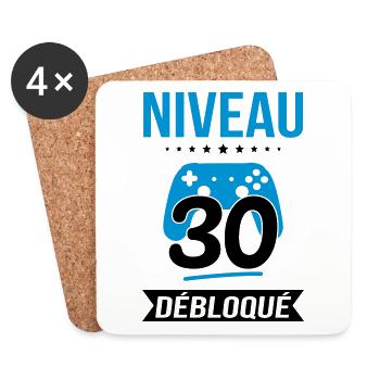 Anniversaire 30 ans - Niveau 30 débloqué - Gamer - Dessous de verre (lot de 4) - blanc - Devant