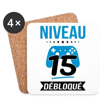Anniversaire 15 ans - Niveau 15 débloqué - Gamer - Dessous de verre (lot de 4) - blanc - Devant