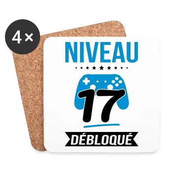 Anniversaire 17 ans - Niveau 17 débloqué - Gamer - Dessous de verre (lot de 4) - blanc - Devant
