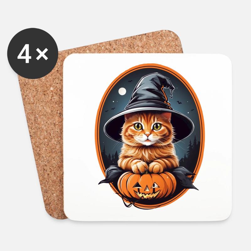 Halloween Katze - Untersetzer (4er-Set) - Weiß