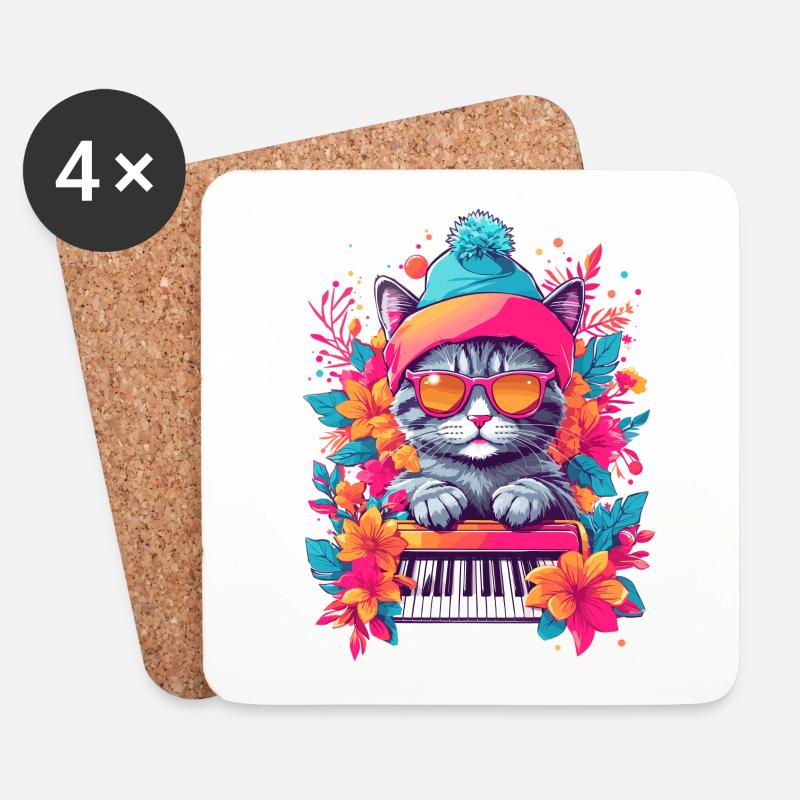 Süße Katze mit Piano - Untersetzer (4er-Set) - Weiß
