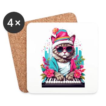 Cute Cat with Piano - Coasters (set of 4) - white - Front