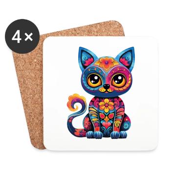 Dia De los Muertos Cat Meowtos Colorful Flowers - Coasters (set of 4) - white - Front
