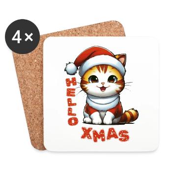 Hello Xmas - Cute Christmas cat in a Santa costume - Coasters (set of 4) - white - Front