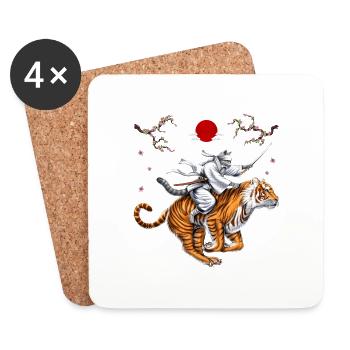 Chat Japonais Samouraï Ninja Chevauchant Tigre - Dessous de verre (lot de 4) - blanc - Devant