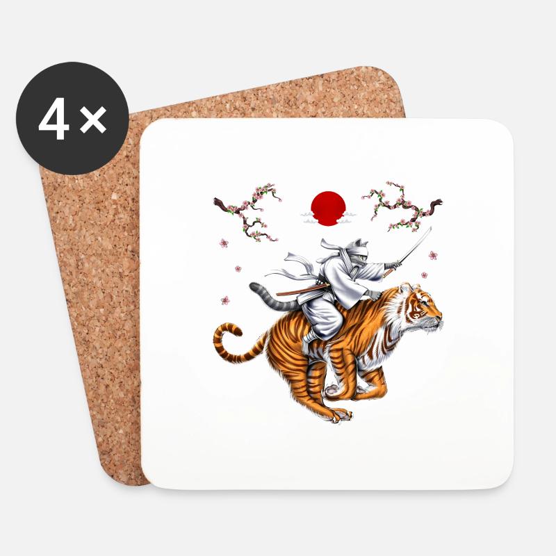 Japanische Katze Samurai Ninja Reitender Tiger - Untersetzer (4er-Set) - Weiß
