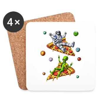 Astronaut And Alien Riding Pizza - Coasters (set of 4) - white - Front