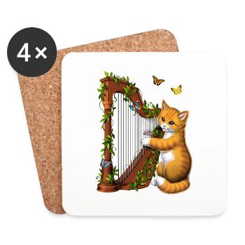 Cat Playing Harp - Coasters (set of 4) - white - Front