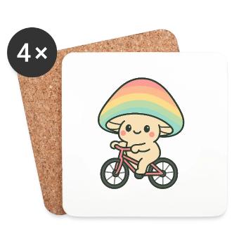 Playful Mushroom Cyclist with Rainbow - Coasters (set of 4) - white - Front