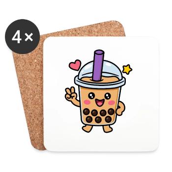 Personnage mignon de Kawaii Boba Bubble Tea - Dessous de verre (lot de 4) - blanc - Devant