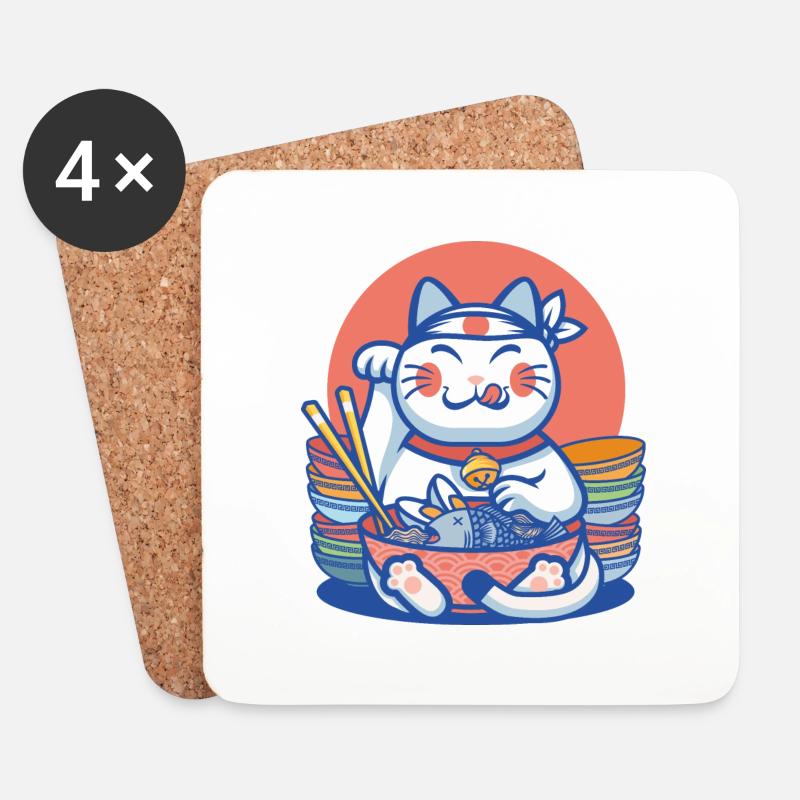 Maneki-Neko-Glücks-Ramen - Untersetzer (4er-Set) - Weiß