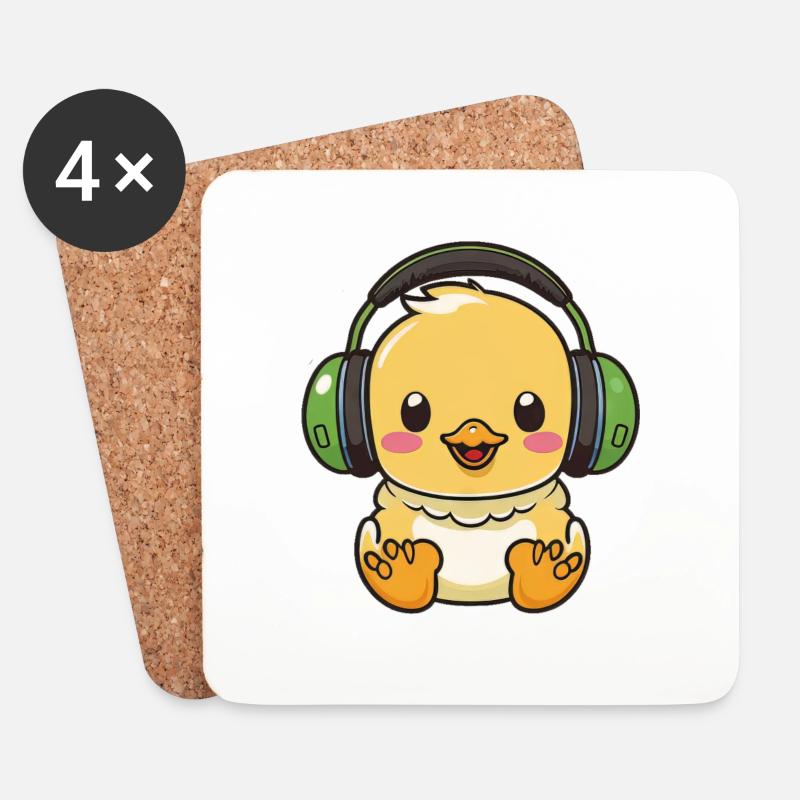 Kawaii Süße glückliche bunte Ente mit Kopfhörern - Untersetzer (4er-Set) - Weiß