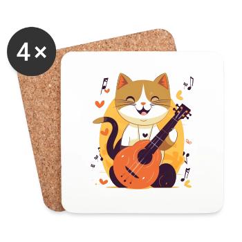 Chat mignon avec guitare - Dessous de verre (lot de 4) - blanc - Devant