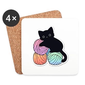 Cat with scythes on yarn ball - Coasters (set of 4) - white - Front