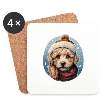 Chien d’hiver avec écharpe et chapeau - Dessous de verre (lot de 4) - blanc - Devant