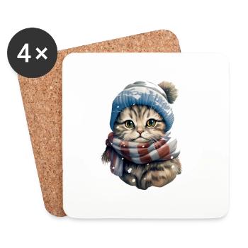 Chat en hiver - Dessous de verre (lot de 4) - blanc - Devant
