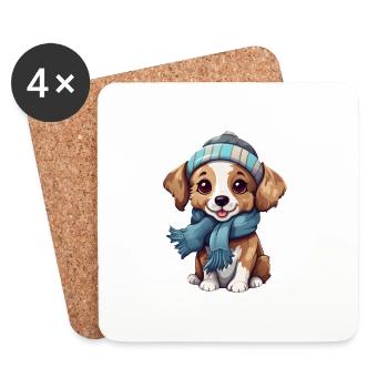 Animaux en chien d’hiver avec chapeau - Dessous de verre (lot de 4) - blanc - Devant