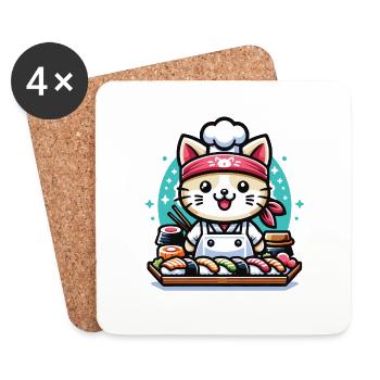 A kawaii cat Japanese sushi chef - Coasters (set of 4) - white - Front
