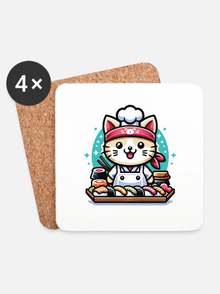 A kawaii cat Japanese sushi chef - Coasters (set of 4) - white