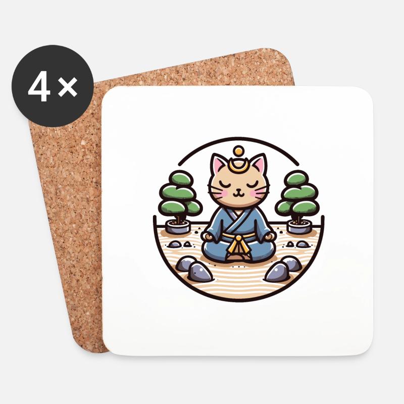 Ruhige Samurai-Katze in einem Zen-Garten - Untersetzer (4er-Set) - Weiß