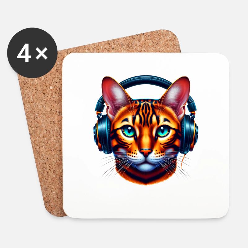 Bengalkatze mit Kopfhörer - Untersetzer (4er-Set) - Weiß