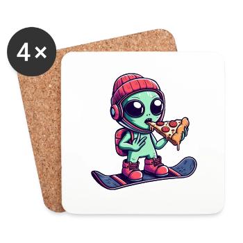 Cool Alien Rides Snowboard And Eats Pizza - Coasters (set of 4) - white - Front