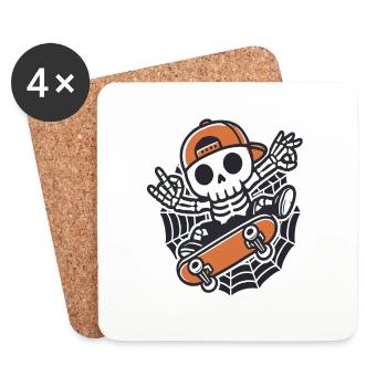 Halloween, Skateboard, Skelett, Spinnennetz - Untersetzer (4er-Set) - Weiß - Vorne