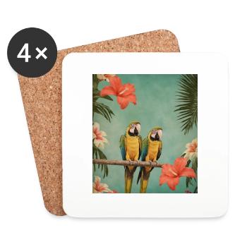 Deux perroquets sur une branche avec des fleurs d’hibiscus - Dessous de verre (lot de 4) - blanc - Devant