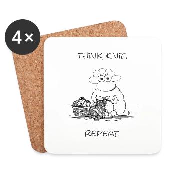 Think, Knit, Repeat – Sheep motif for knitting fans - Coasters (set of 4) - white - Front