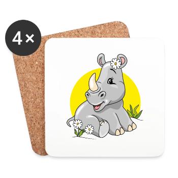 Cute shy baby rhino sitting on lawn with chamomile - Coasters (set of 4) - white - Front