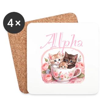 Chat dans la tasse, chat, coupe, alpha, rose, roses - Dessous de verre (lot de 4) - blanc - Devant