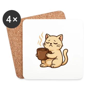 Chat café Somnolent et Tasse de Café - Dessous de verre (lot de 4) - blanc - Devant