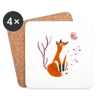 Fox Animal Renard avec des fleurs et des papillons - Dessous de verre (lot de 4) - blanc - Devant