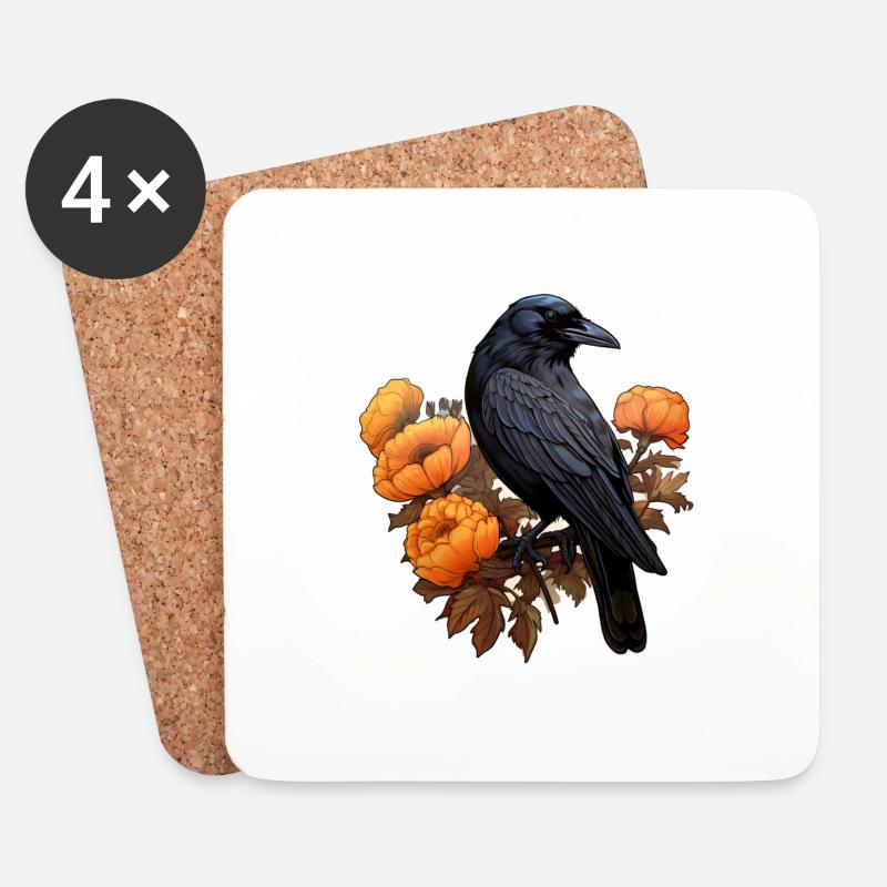 Krähe auf Blumenbusch Halloween Herbst - Untersetzer (4er-Set) - Weiß