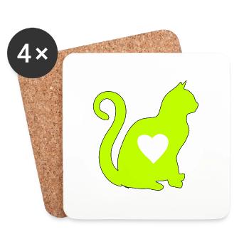 green cat with heart silhouette cat lover cats - Coasters (set of 4) - white - Front