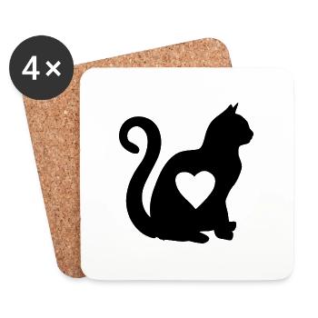 Noir coeur de chat silhouette chat amoureux noir - Dessous de verre (lot de 4) - blanc - Devant