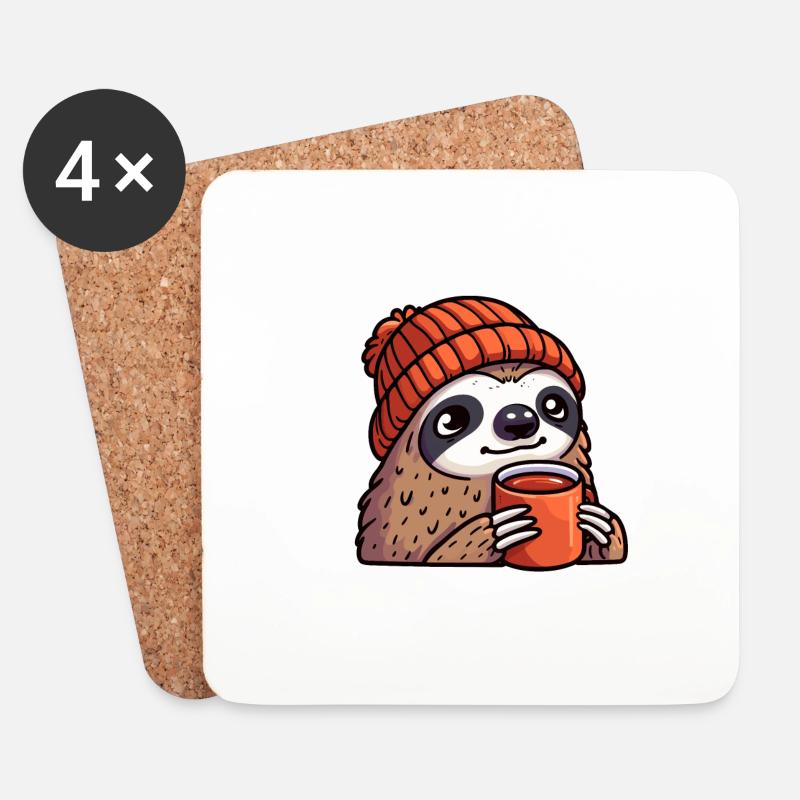 Faultier mit Beanie Mütze Tee Tea Kaffee Becher - Untersetzer (4er-Set) - Weiß