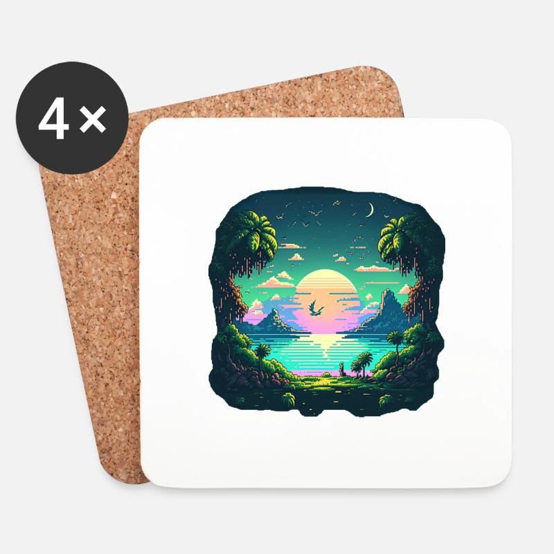 Pixel Art Style Landschaft am Meer - Untersetzer (4er-Set) - Weiß