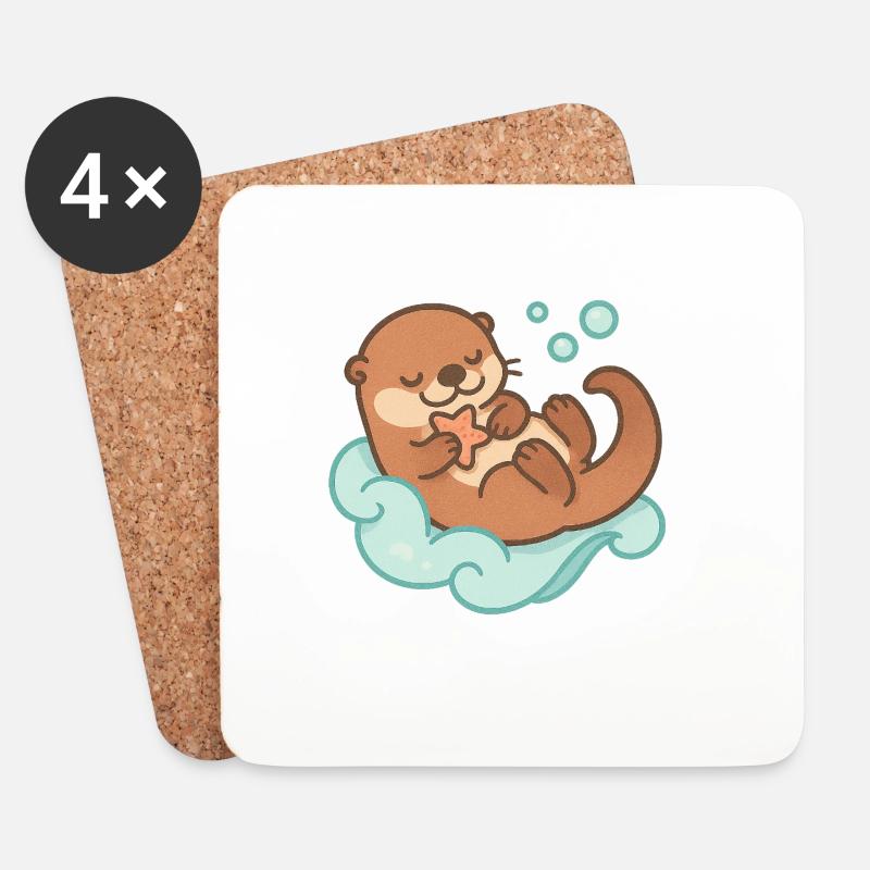 Kawaii Otter mit Seestern - Untersetzer (4er-Set) - Weiß