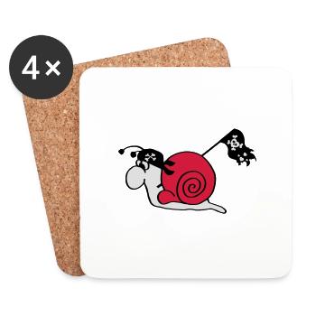 Piraten Schnecke mit Piraten Flagge Totenkopf - Untersetzer (4er-Set) - Weiß - Vorne