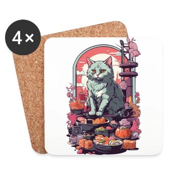Chat rétro Sushi Sashimi Ukiyo-E Style artistique - Dessous de verre (lot de 4) - blanc - Devant